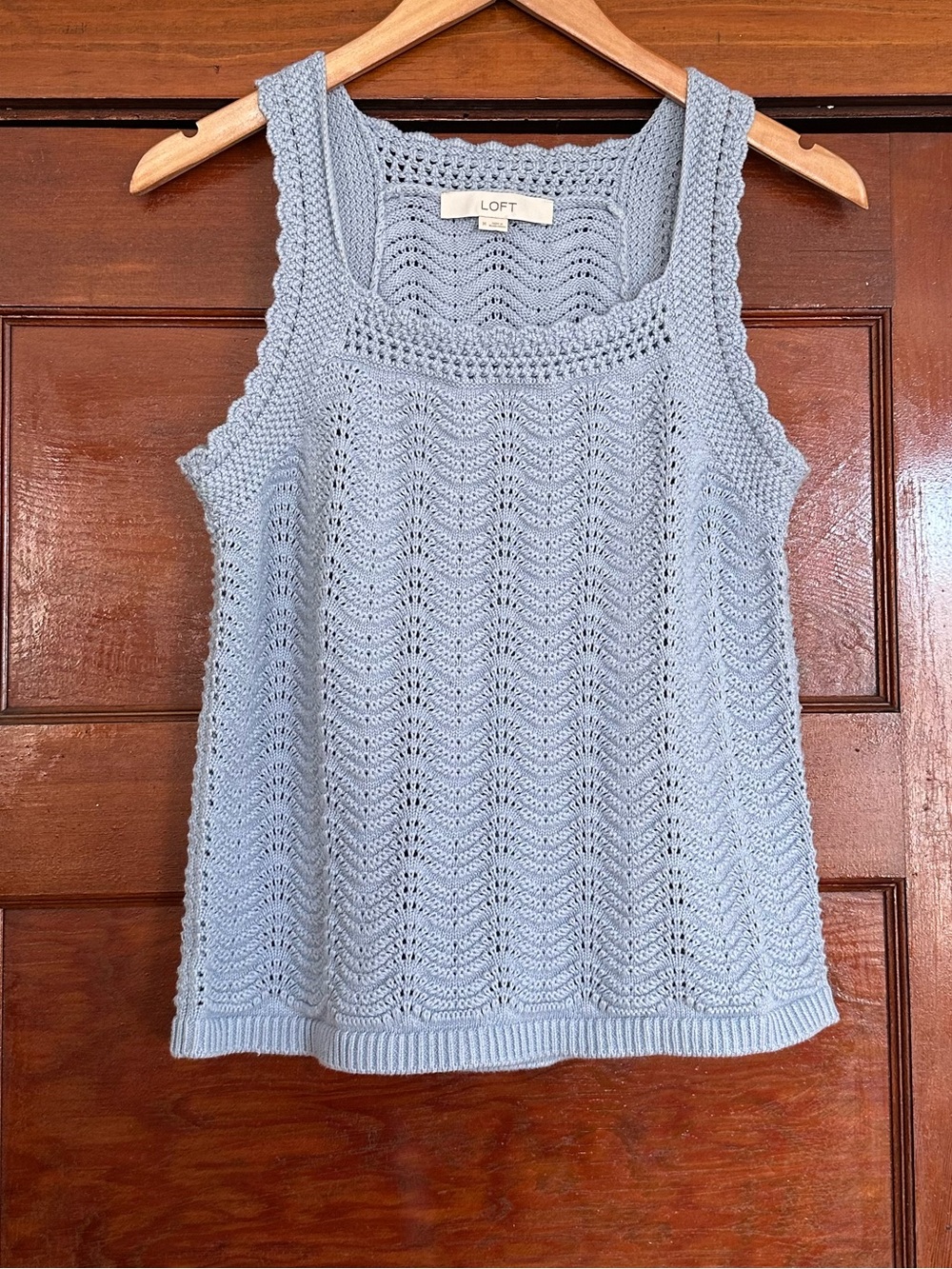 LOFT Light Blue Scalloped Square Neck Crochet Cropped Sweater Tank Top Sz Medium